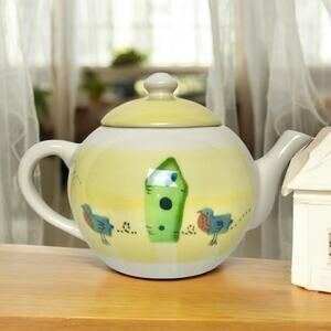 VTG Hartstone Birdhouse Yellow Spring Birds 1989 Ceramic Teapot With Lid USA